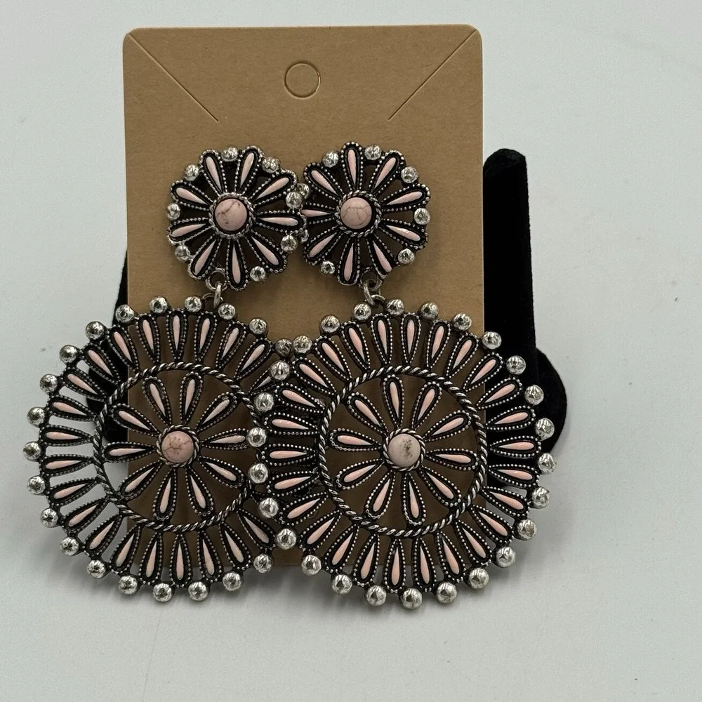 silver tone pink round concho dangle drop earrings metal lobe